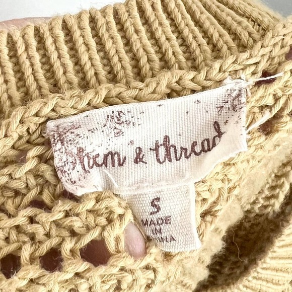 Hem & Thread Mustard Yellow Open Knit Cotton Long Sleeve Sweater Women's Small - Picture 6 of 8